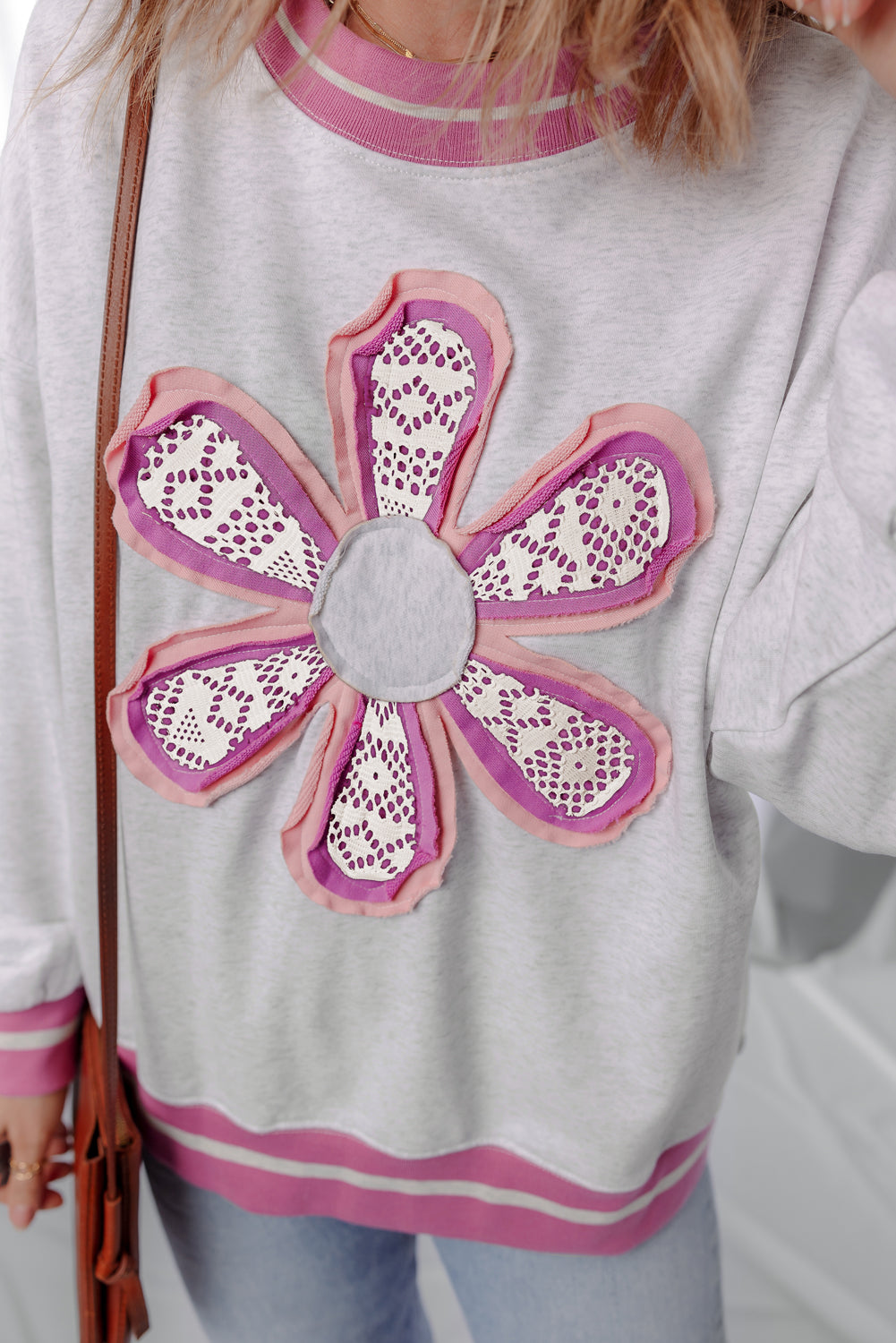 Flower Power Contrast Trim Crewneck Sweatshirt