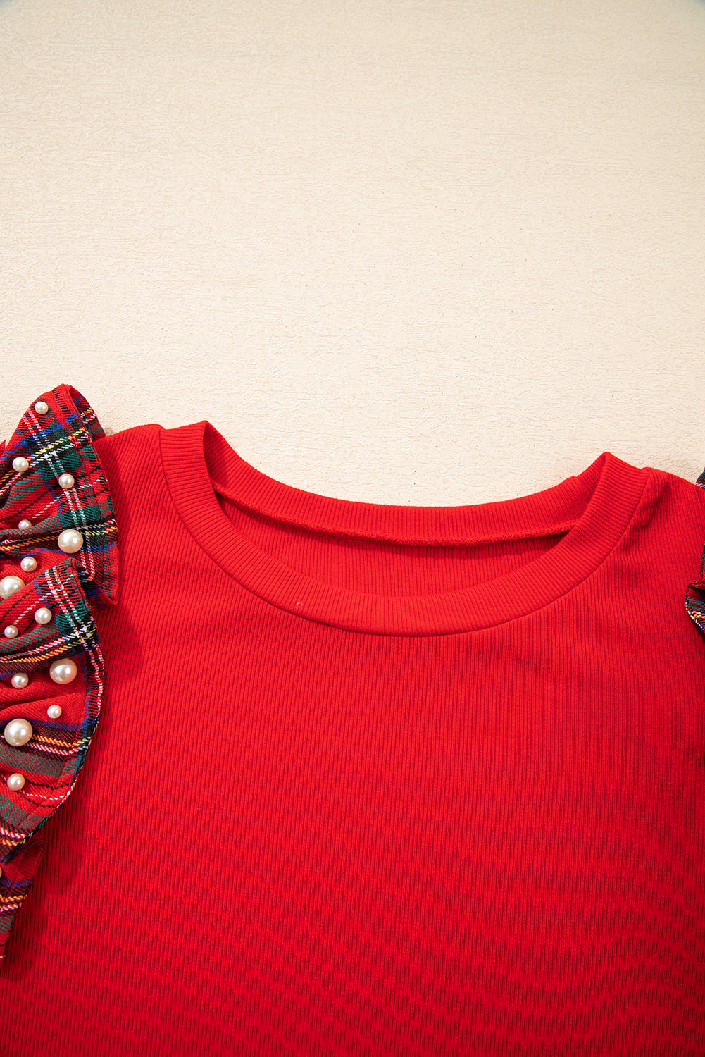 Red Pearl Plaid Ruffle Sleeve Loose T-Shirt