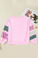 Pink Plus Size Mix Floral Patched Sleeve Ribbed Trim Baggy Sweatshirt