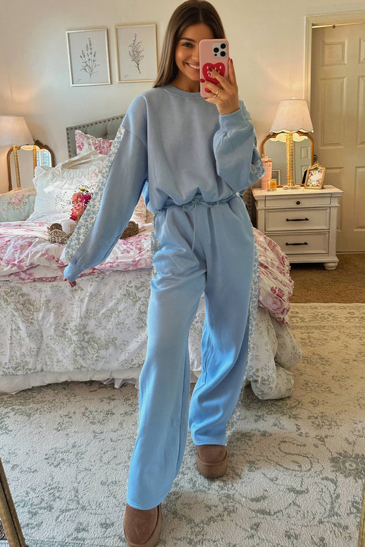 Blue Floral Patchwork Drop Shoulder Pullover and Sweatpants Lounge Set
