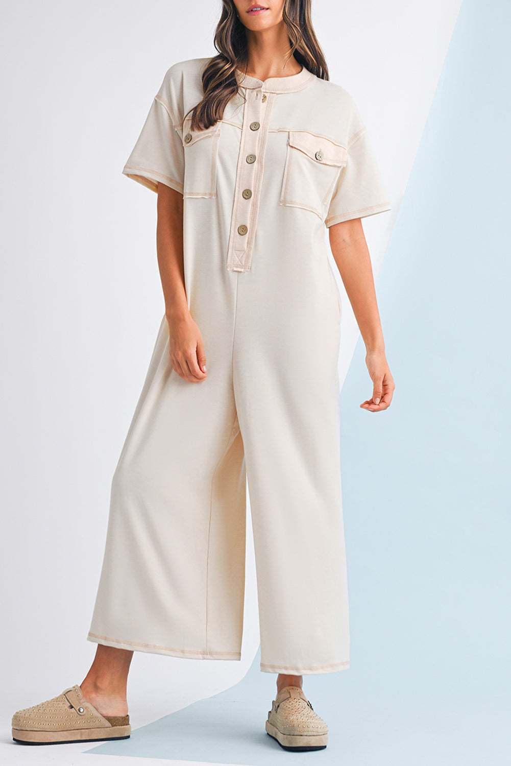 Patchwork Pocket Short Sleeve Jumpsuit