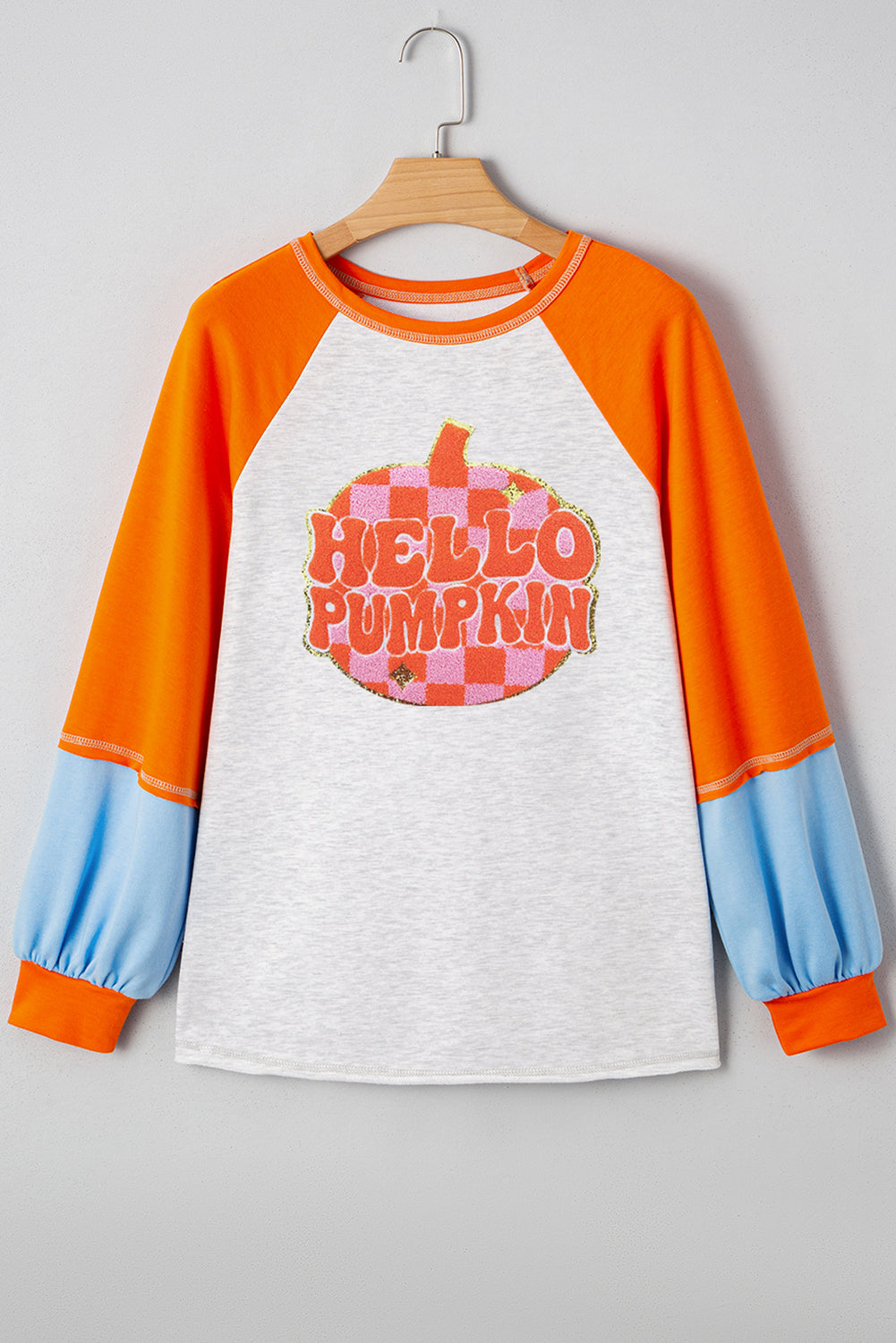 Light Grey Hello Pumpkin Patch Application Graphic Colorblock Raglan Sleeve Top