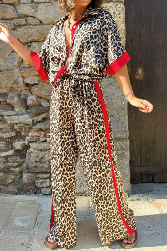 Bold Leopard Print Colorblock Short Sleeve Shirt & High-Waisted Pants Set