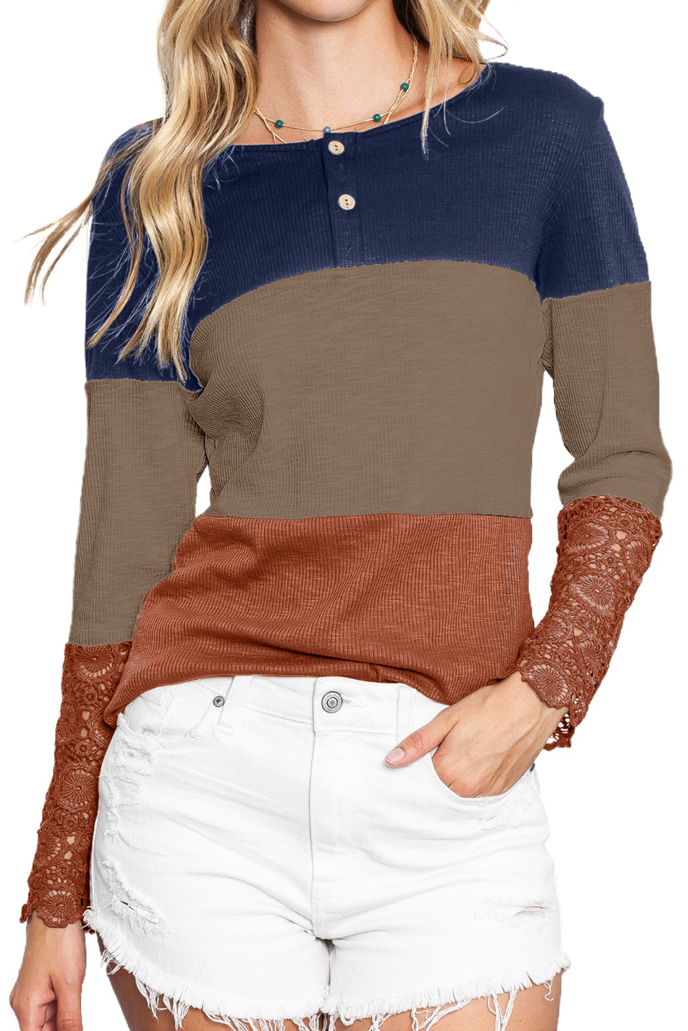 Color Block Ribbed Lace Crochet Sleeves Henley Shirt for Women