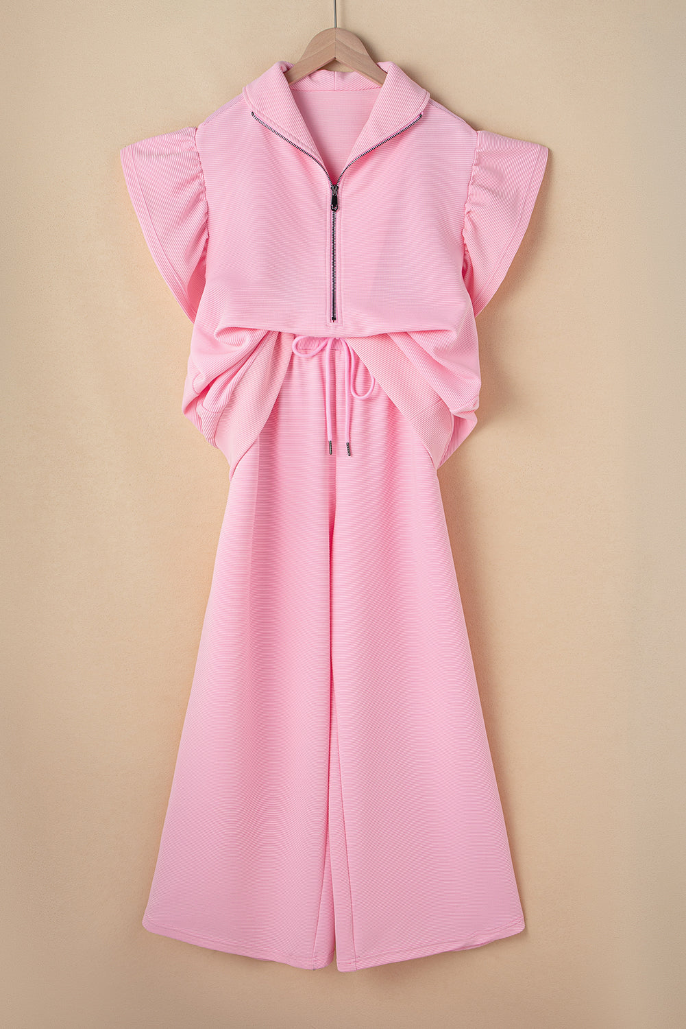 Textured Ruffle Sleeve Zip Top & Wide-Leg Pants Set