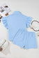 Beau Blue Ribbed Texture Half Zip Ruffled Short Sleeve Top and Shorts Set