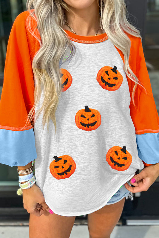 Chenille Halloween Pumpkin Patched Patchwork Long Sleeve Top