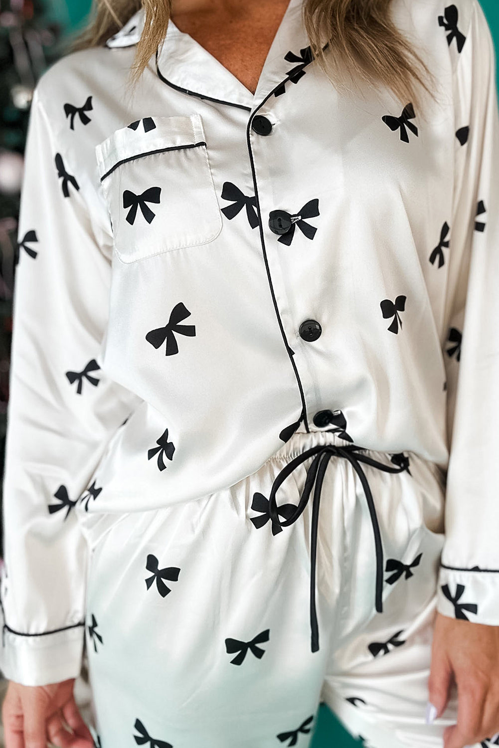 White Bows Print Two Piece Pajamas