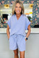 Sky Blue Stripe Dolman Sleeve Polo Shirt and Drawstring Shorts Set