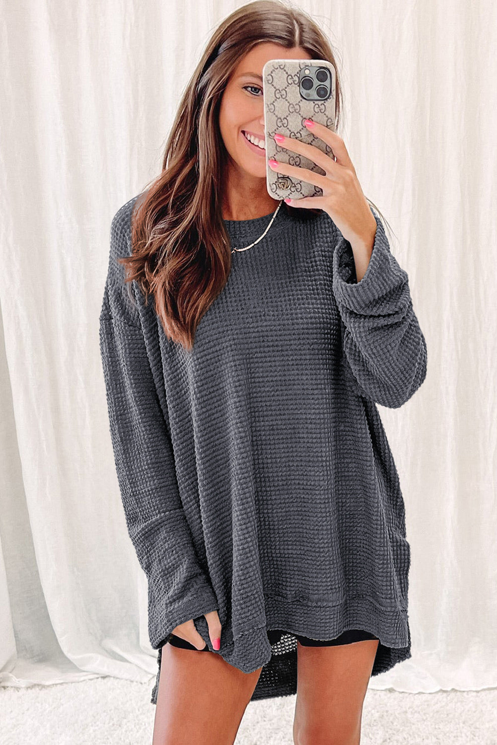 Black Plain Waffle Knit Drop Sleeve Side Slits Oversized Top