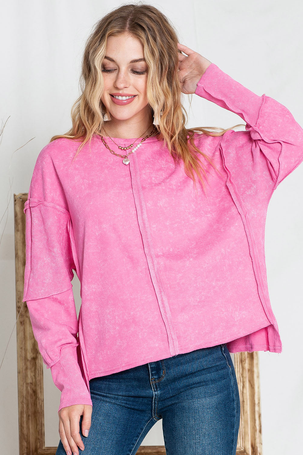 Rose Drop Sleeve Exposed Seam Pullover Sweatshirt