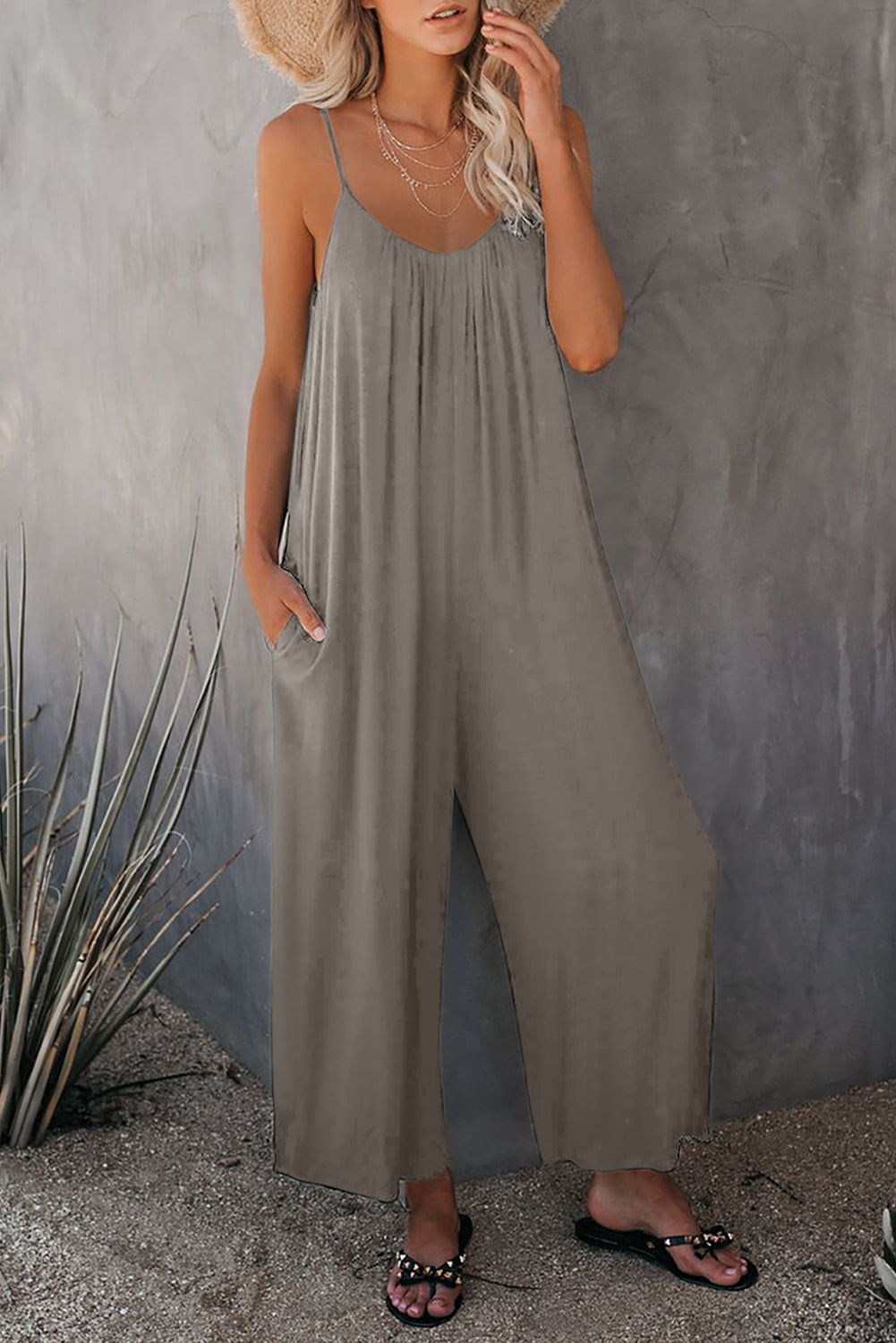 Grey Casual Spaghetti Straps Wide Leg Pocketed Jumpsuits