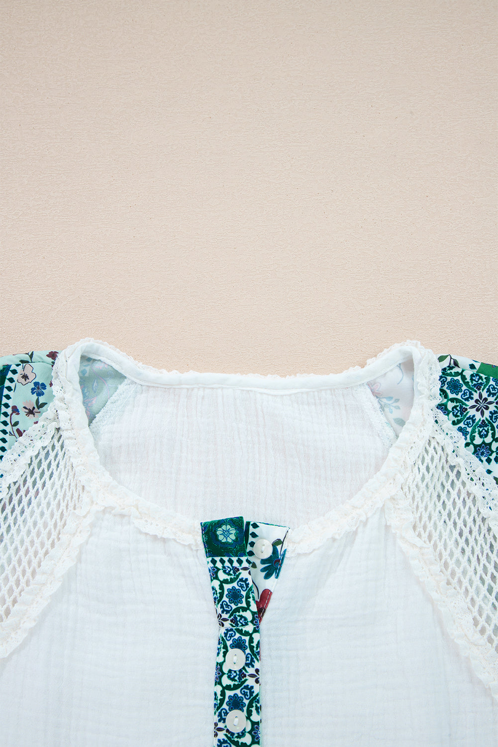 White Floral Mesh Patched Color Block Half Button Blouse