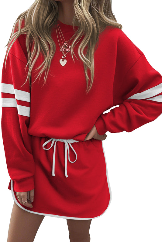 Fiery Red Varsity Stripe Detail Drop Shoulder Pullover Mini Skirt Set