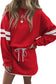 Fiery Red Varsity Stripe Detail Drop Shoulder Pullover Mini Skirt Set
