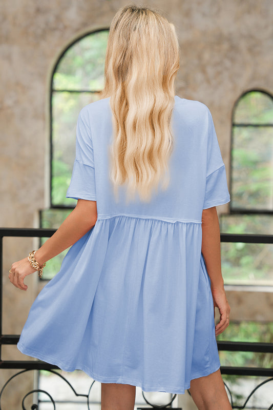 Raw Edge Pocketed Babydoll T-Shirt Dress – Blue
