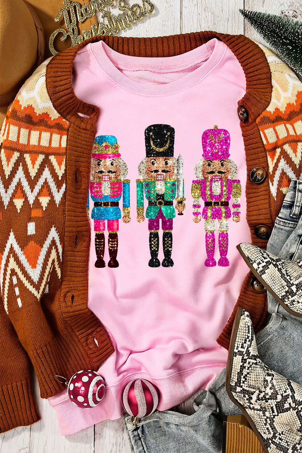 Pink Cute Nutcracker Printed Graphic Drop Shoulder Christmas Sweatshirt