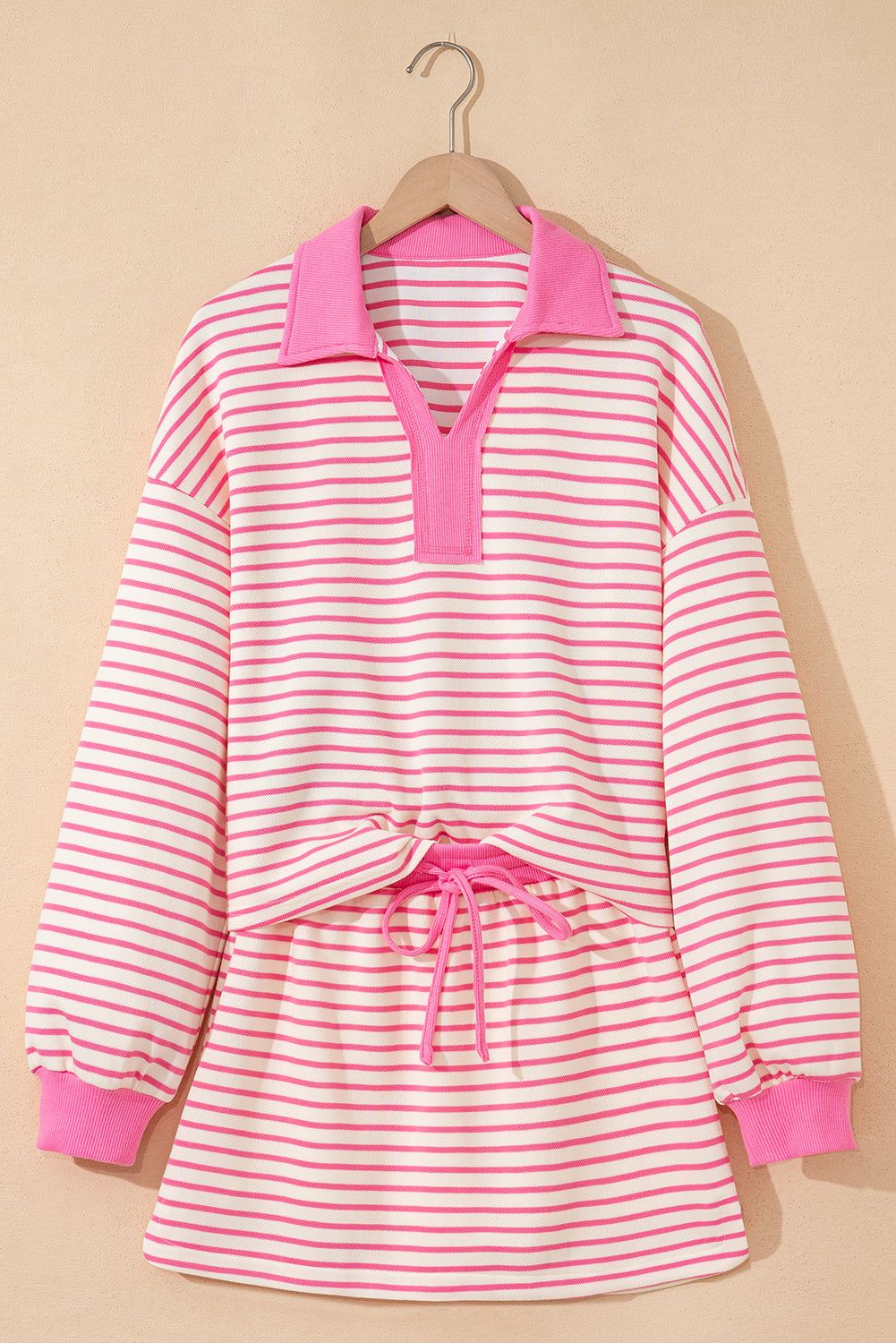 Pink Stripe Collared V-Neck Drop Shoulder Pullover and Skort Two Piece Set