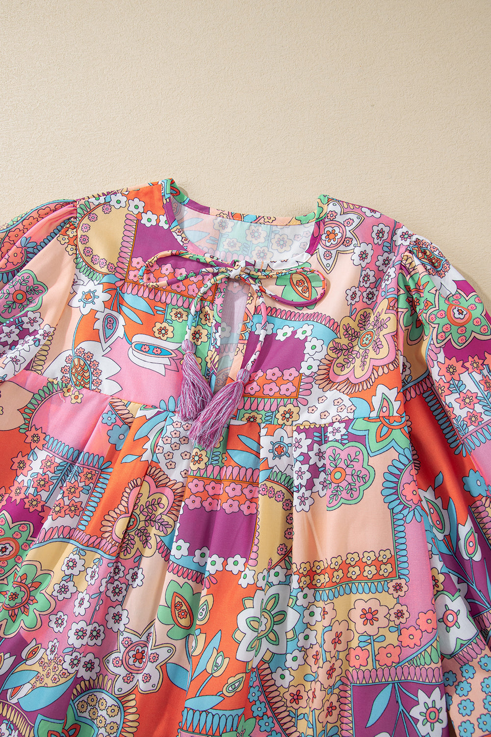 Multicolour Boho Floral Tie V Neck Pleated Blouse