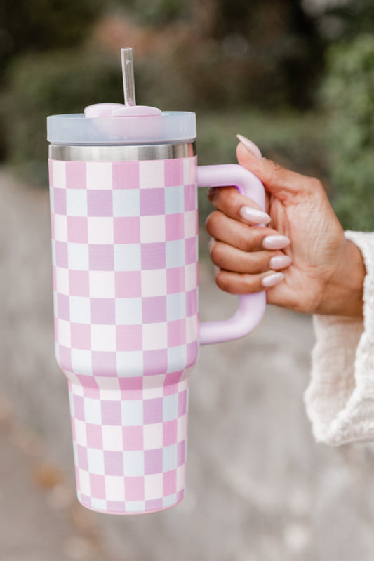 Pink Two-Tone Checkered Stainless Cup With Handle 40oz