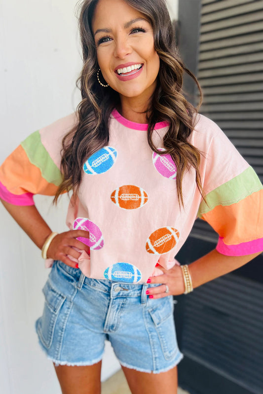Pink Football Chenille Embroidered Color Block Half Sleeve T-Shirt