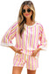 Pink Stripe Drop Shoulder Half Sleeve Loose Tee and Shorts Casual Set