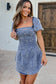 Square Neck Ruffle Trim Backless Puff Sleeve Denim Dress