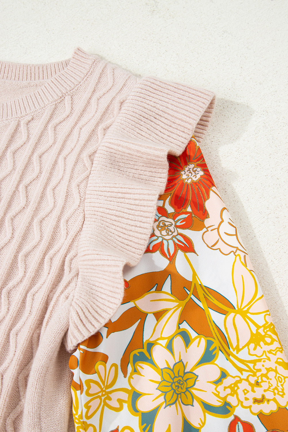 Cable Knit Ruffle Detail Contrast Floral Sleeve Patchwork Sweater