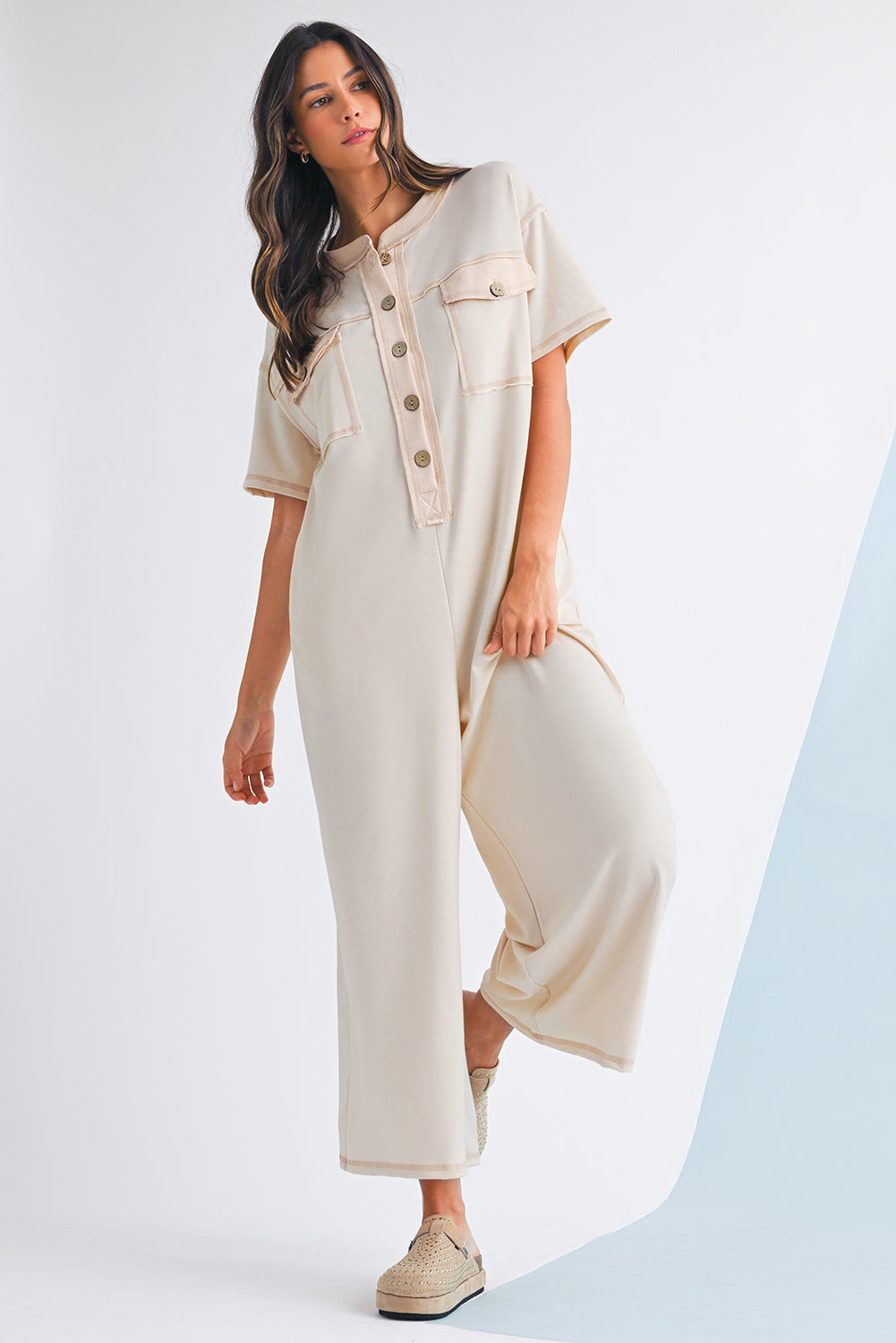 Patchwork Pocket Short Sleeve Jumpsuit