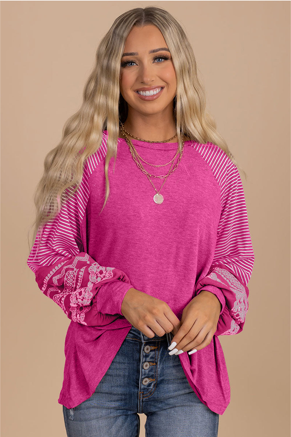 Pink Contrast Print Striped Raglan Long Sleeve Loose Top