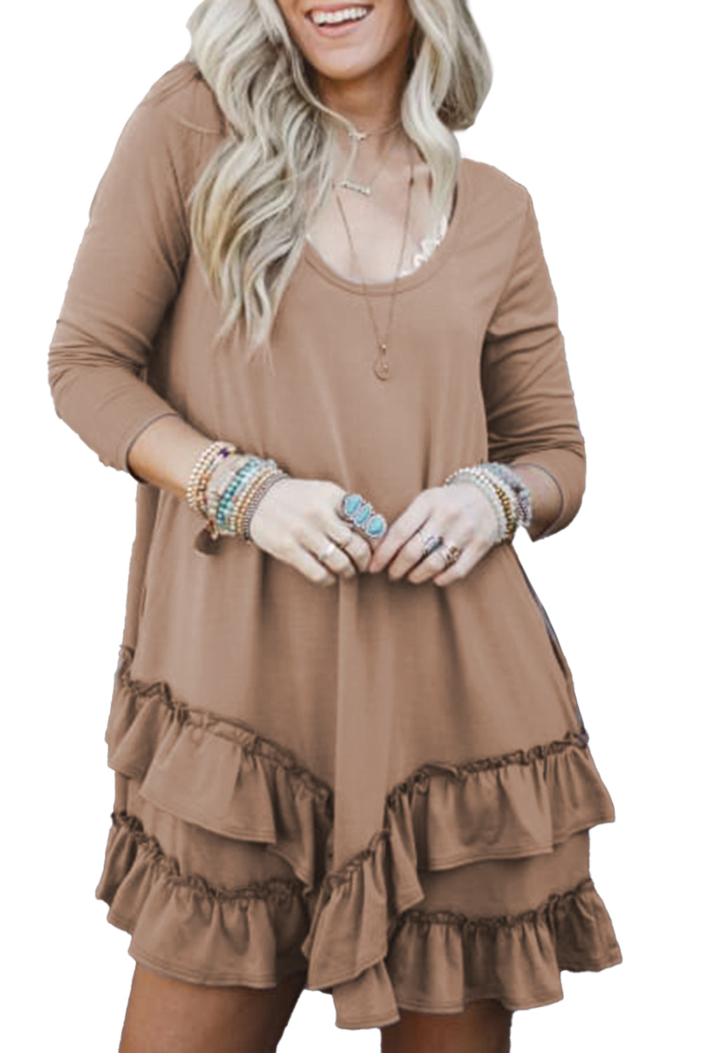 Goat Scoop Neck Tiered Ruffled Hem Long Sleeve Mini Dress