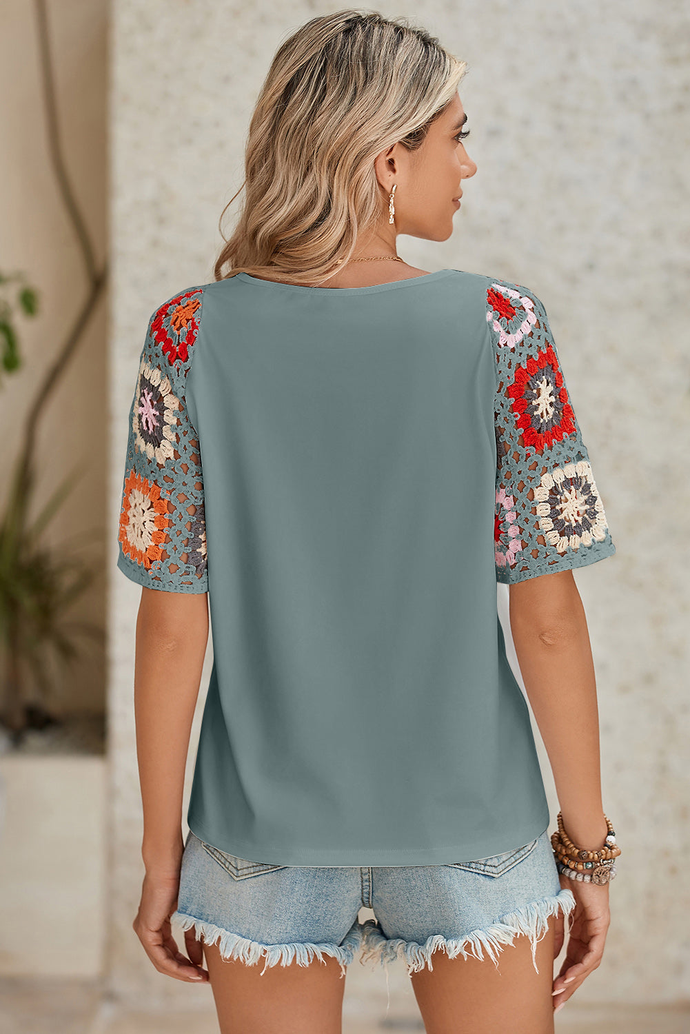 Black Floral Hollowed Crochet Sleeve Boho T Shirt