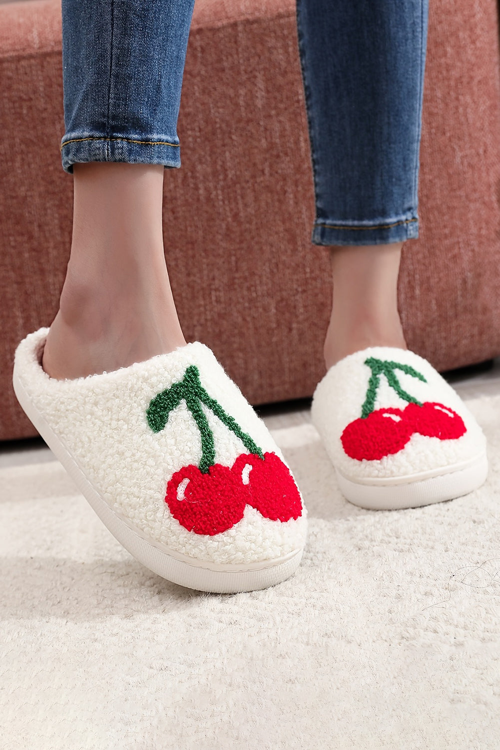 Cute Cherry Open Heel Plush Slippers