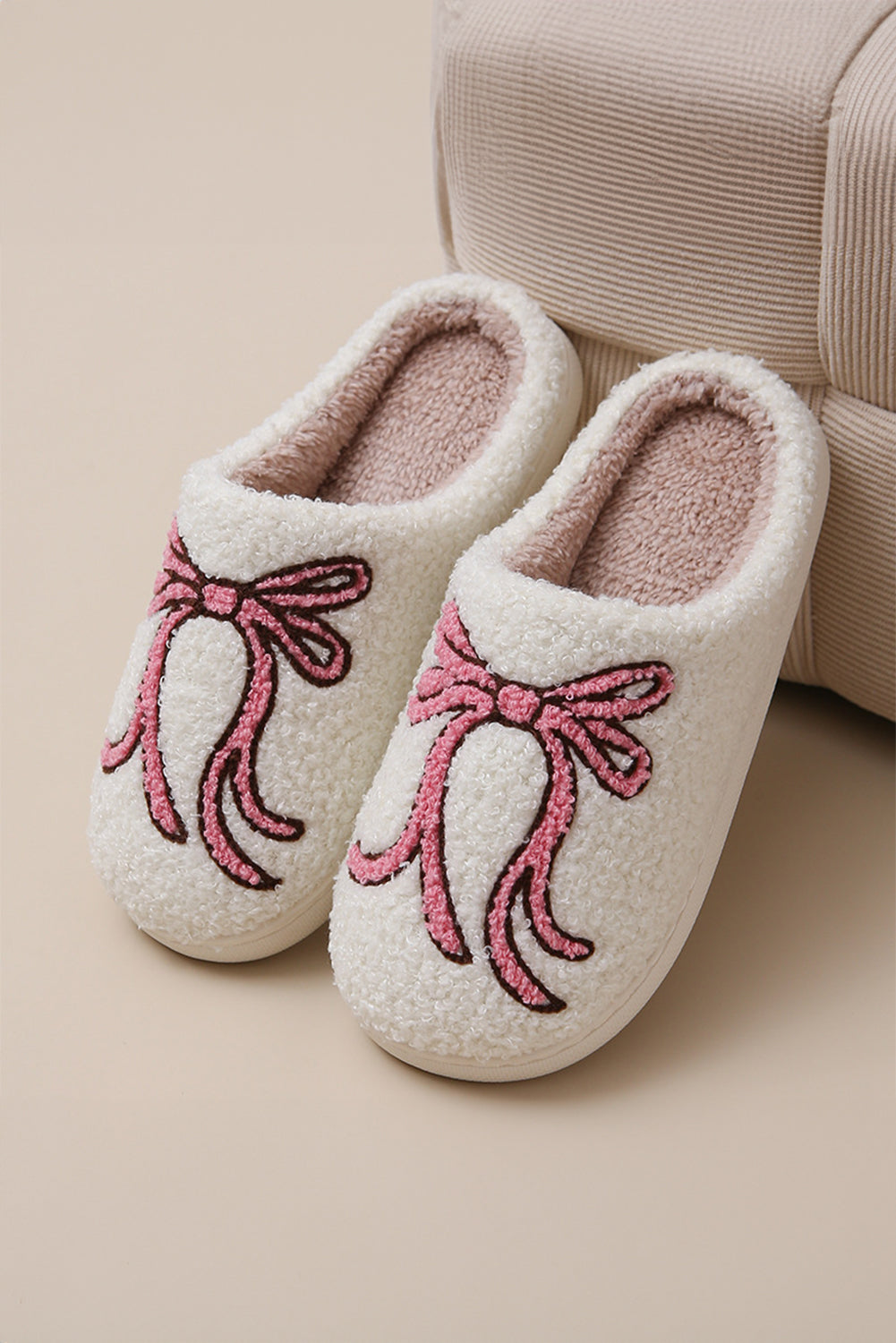 White Bow Knot Fuzzy Winter Slippers