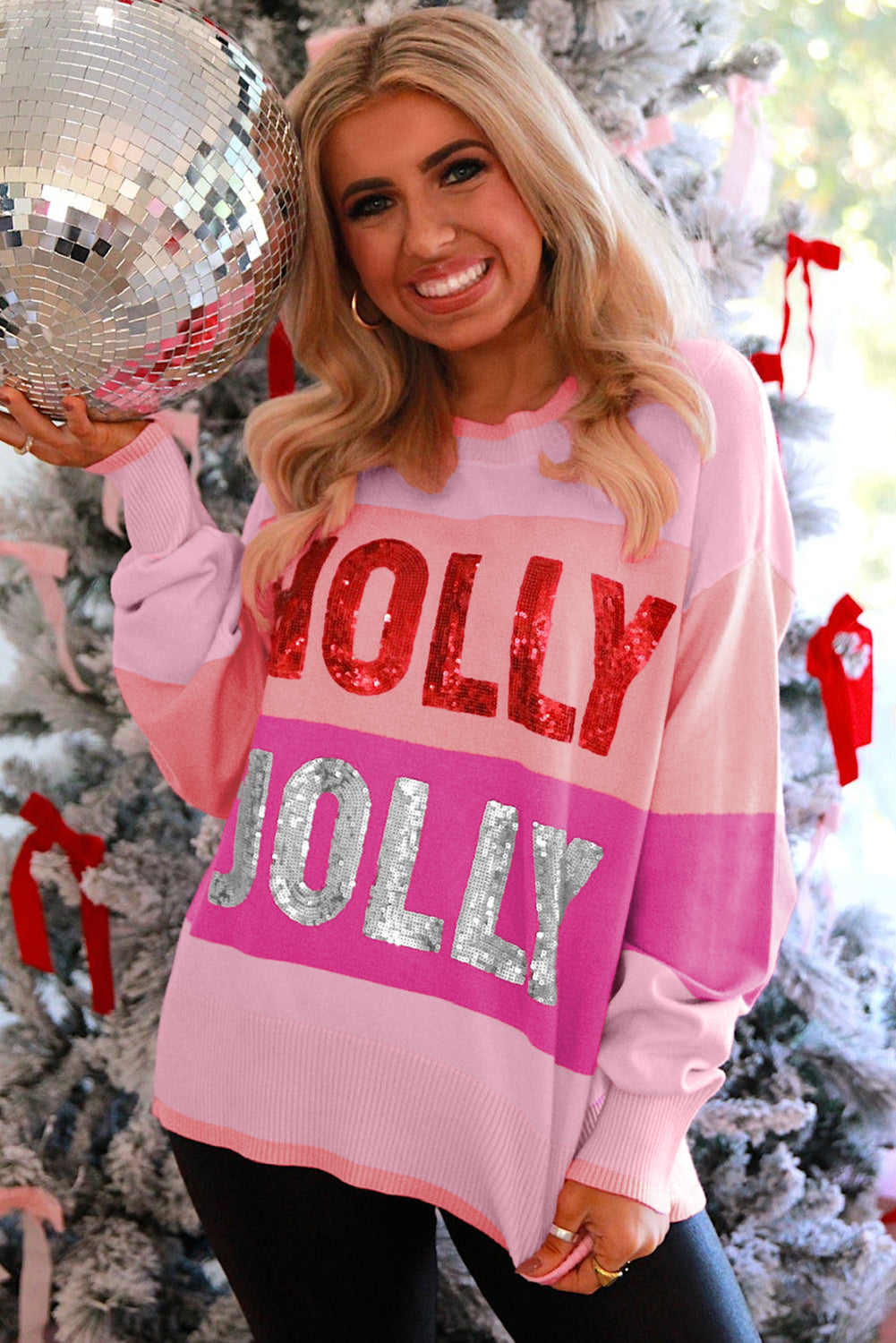 Pink Holly Jolly Sequined Color Block Crew Neck Sweater