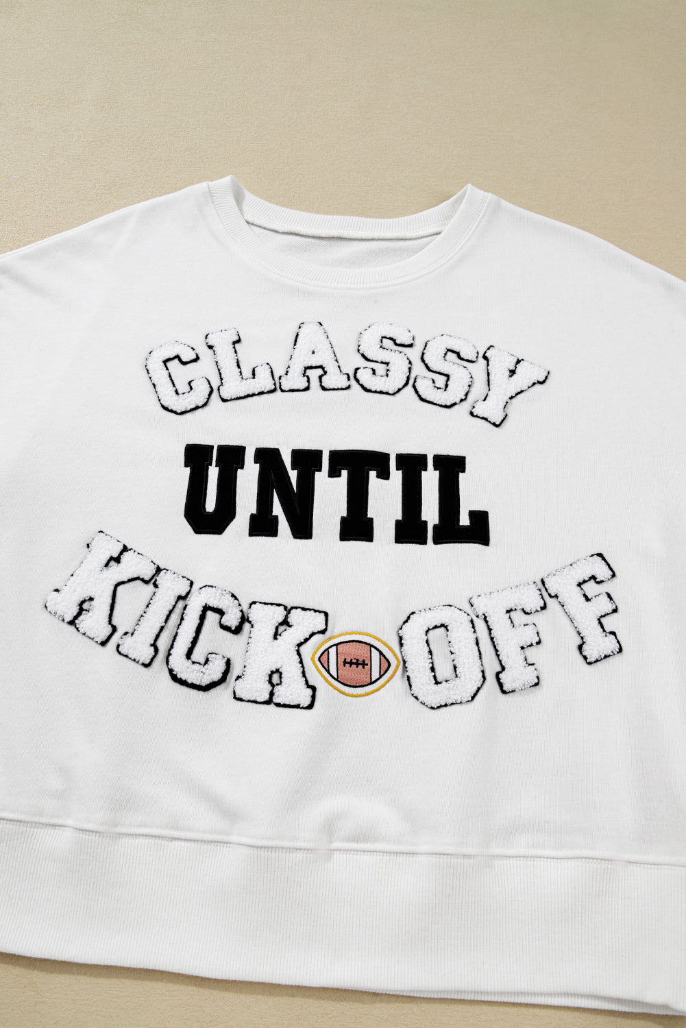 White Classy Until Kickoff Football Plush Letter Patched Loose Sweatshirt
