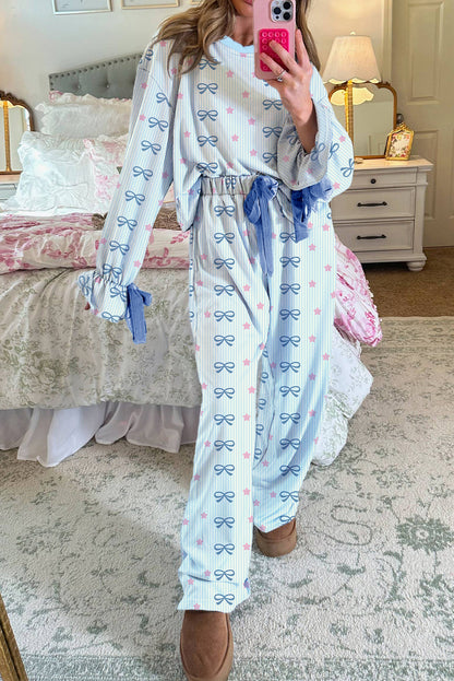 Sky Blue Stripe Bow Star Print Tied Detail Two Piece Lounge Set