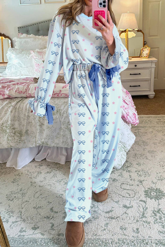 Sky Blue Stripe Bow Star Print Tied Detail Two Piece Lounge Set