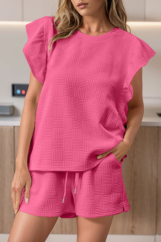 Pink Textured Ruffled Sleeve Tee and Drawstring Elastic Waistband Shorts Set