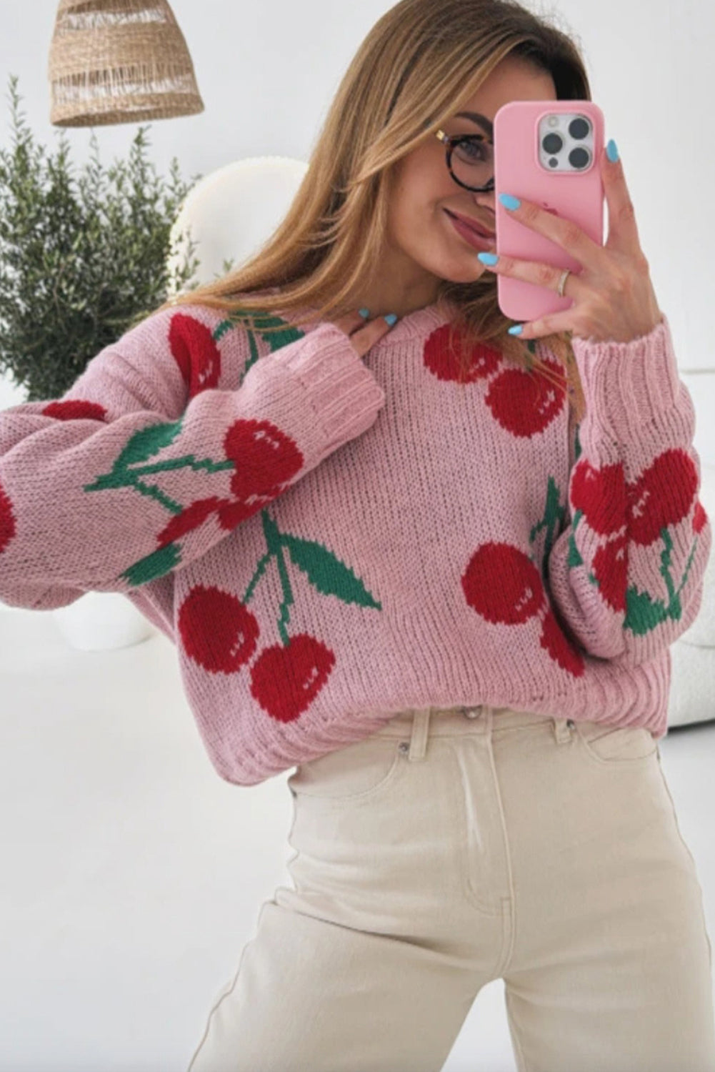 Cherry Print Round Neck Knit Sweater
