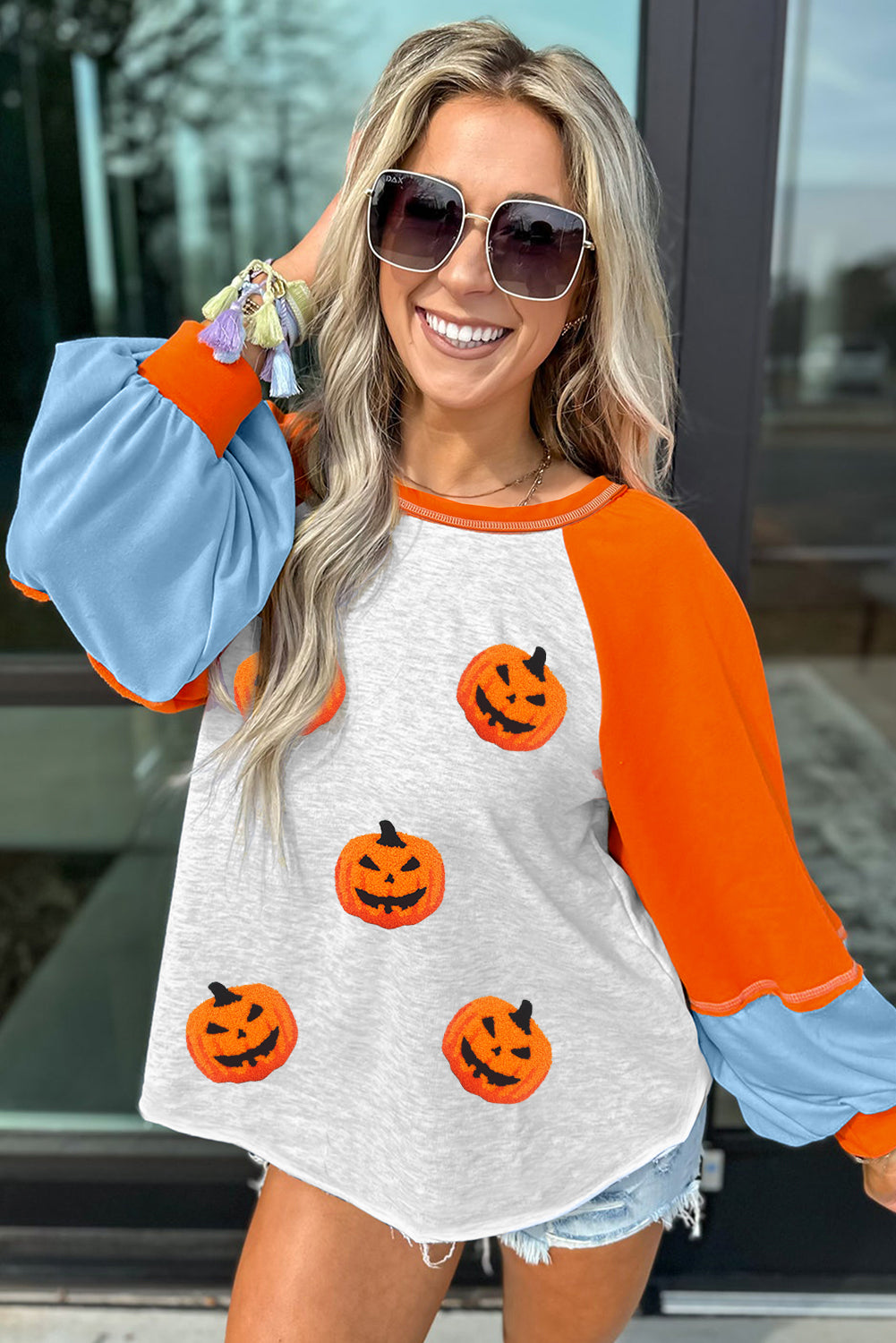 Chenille Halloween Pumpkin Patched Patchwork Long Sleeve Top