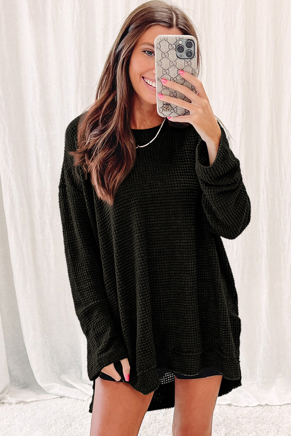 Black Plain Waffle Knit Drop Sleeve Side Slits Oversized Top