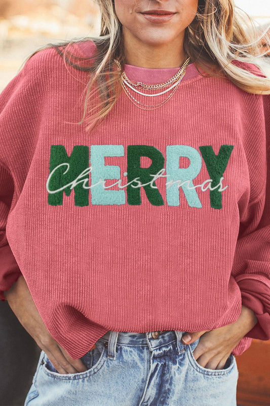 Strawberry Pink Merry Christmas Chenille Embroidered Corded Sweatshirt