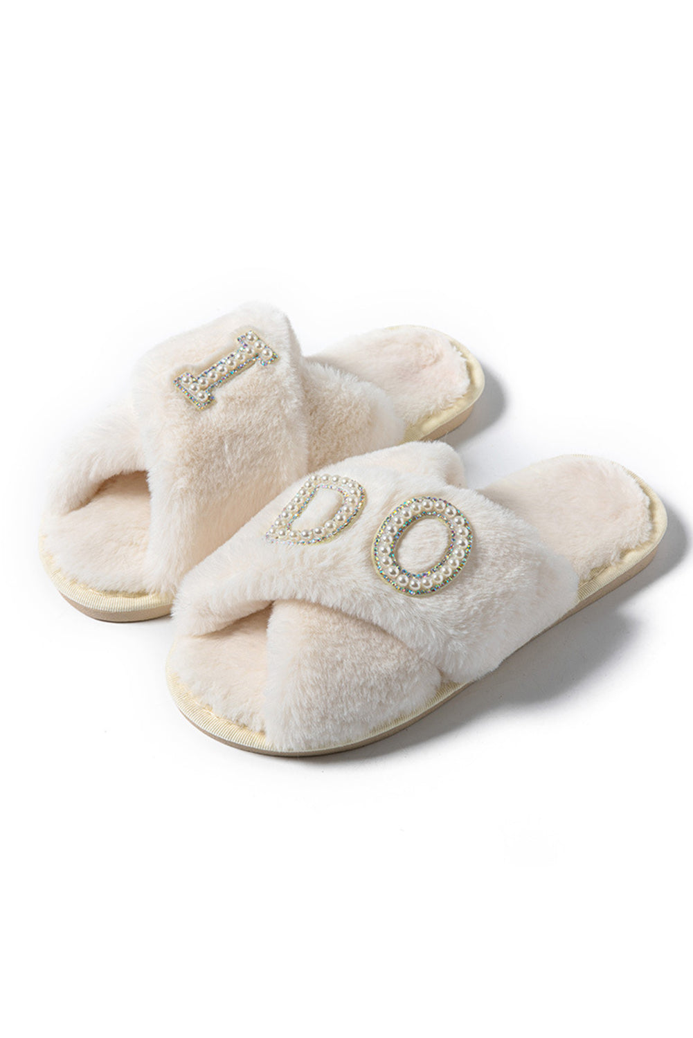 "I Do" Pearl Cross Band Fuzzy Slippers