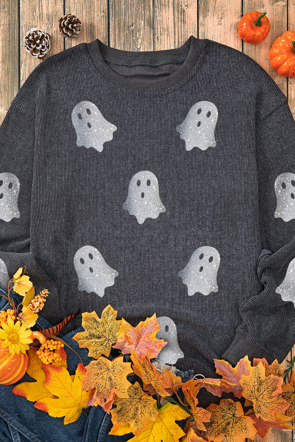 Gray Halloween Ghost Corded Crew Neck Loose Sweatshirt