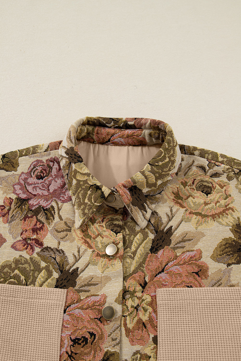 Floral Waffle Knit Patchwork Chest Pockets Buttoned Jacket