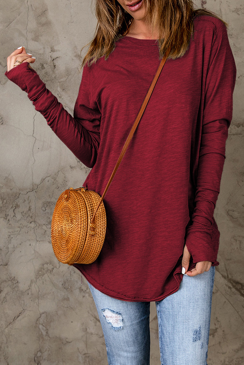 Green Plain Solid Casual Thumbhole Long Sleeve Top