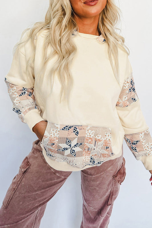 Beige Geo Pattern Patchwork Hoodie with Kangaroo Pocket