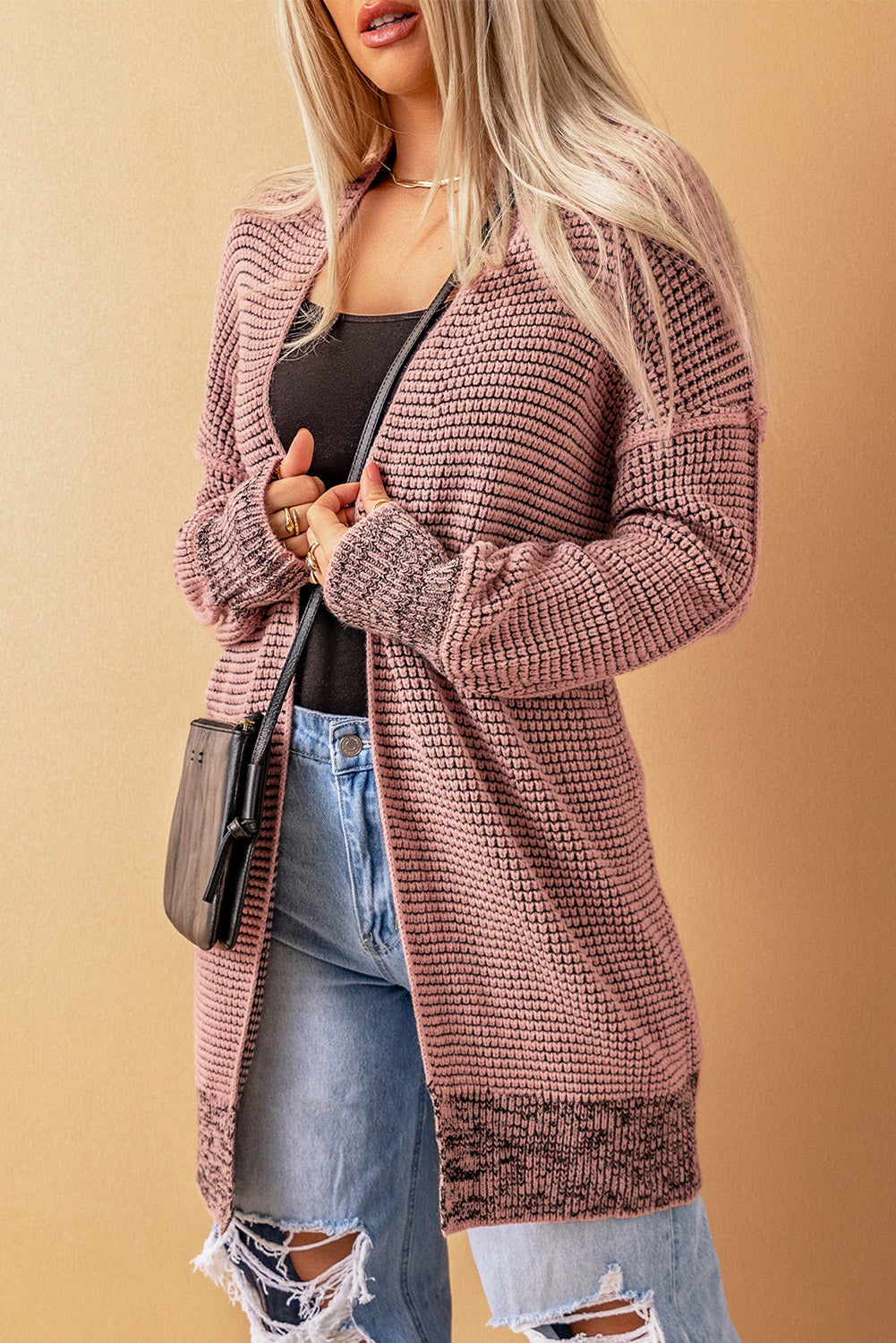 Rose Plaid Contrast Trim Casual Knit Long Cardigan