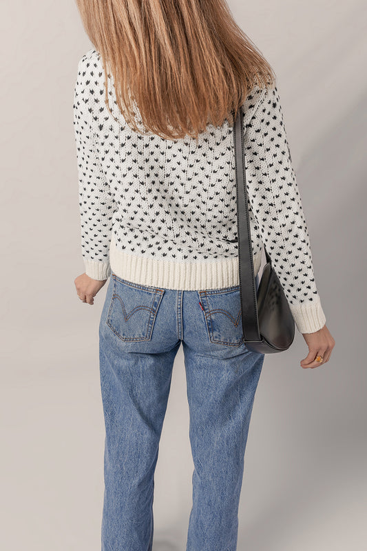 Bow Detail Ribbed Trim Crew Neck Sweater
